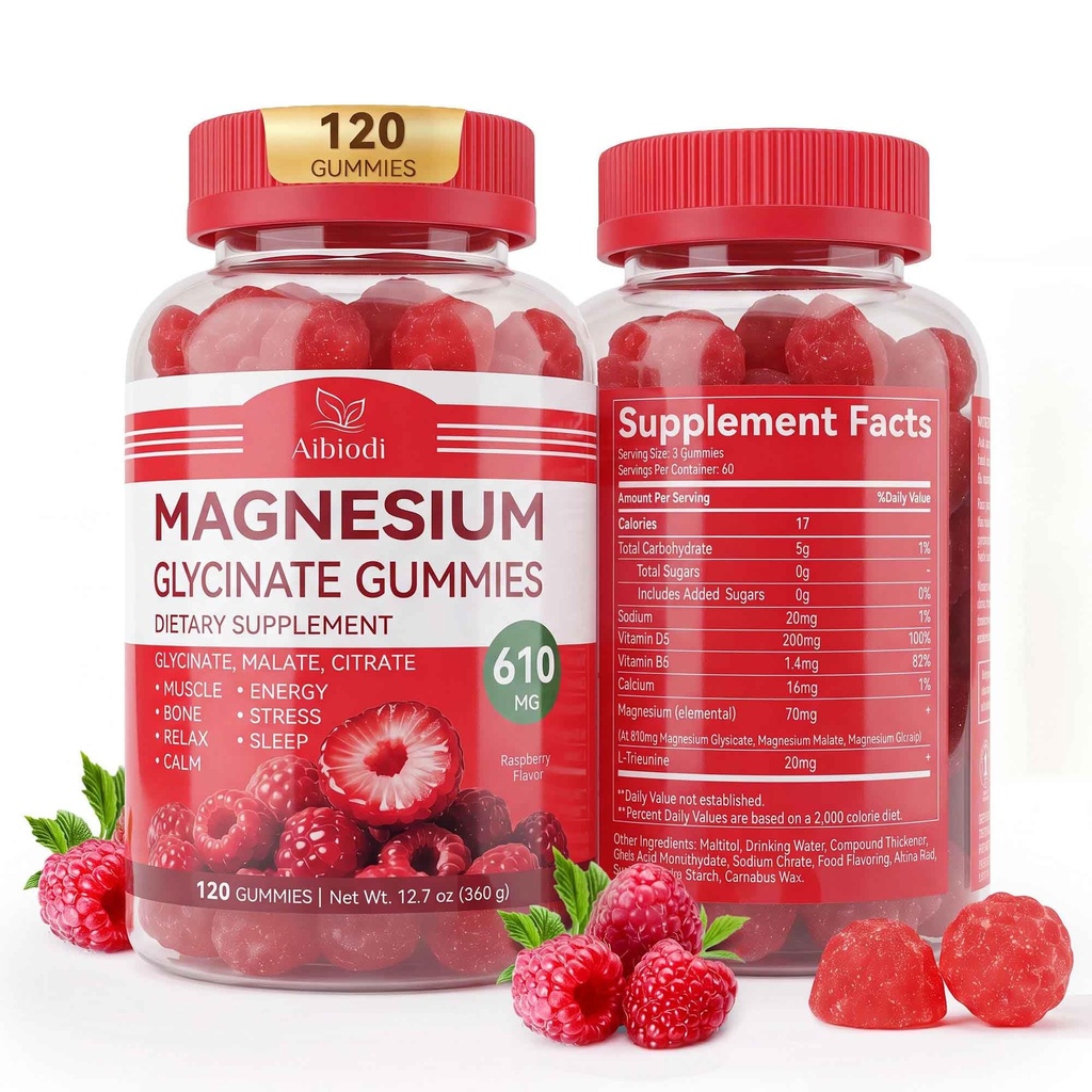 Magnesium Glycinate Gummies 610mg, Magnesium Glycinate, Citrate, Malate Gummies for Adults & Kids, Sleep, Relaxation, Muscle & Bone Support, 120 Chews, Raspberry Flavor