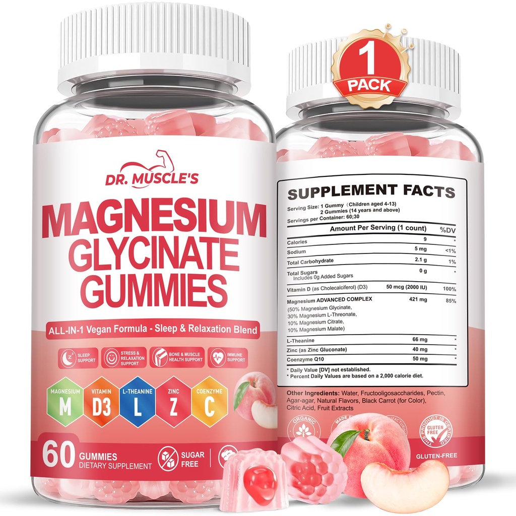Magnesium Glycinate Gummies, 421mg Magnesium Complex with L-Threonate, Vitamin D3, Zinc, CoQ10, L-Theanine | Sugar-Free, Relaxation & Sleep Support for Kids & Adults, 60 Count, Peach Flavor