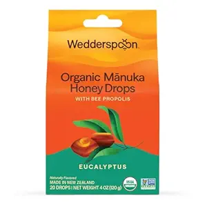 Wedderspoon Organic Manuka Honey Drops, Eucalyptus & Bee Propolis, 20 Count (4oz) (Pacchetto di 1)| Genuine New Zealand Honey | Perfect Remedy for Dry Throats