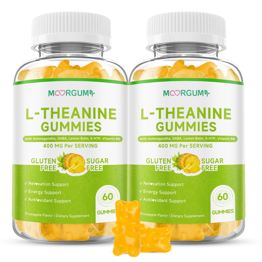 L-Theanine Gummies, 400mg l'theanine Chewable Supplement with Ashwagandha, GABA, Lemon Balm, 5-HTP, Vitamin B6, Support Zzz, Relax & Emotion, Vegan, Non-GMO, Sugar Free, Pineapple Flavor, 120 Count