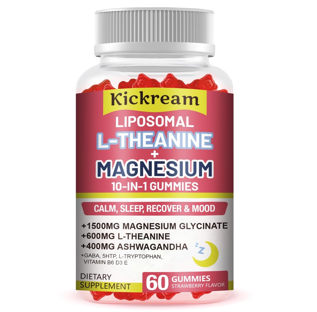 Liposomal Magnesium Glycinate 1500mg L-Theanine 600mg Gummies with Ashwagandha, GABA, 5HTP, Vitamin B6 & D3, Lemon Balm Leaf, L theanine Supplement Magnesium Gummies for Relax Mood & Muscle, 1 Pack