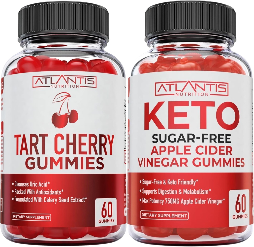 Atlantis Nutrition Tart Cherry 60 Gummies + Sans sucre Cidre de pomme Keto vinaigre 60 Gummies
