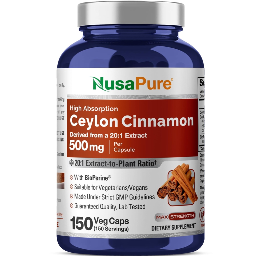 NusaPure Ceylan Cinnamon20:1 Extrait, 500 mg Équivalent à 10 000 mg Par Caps