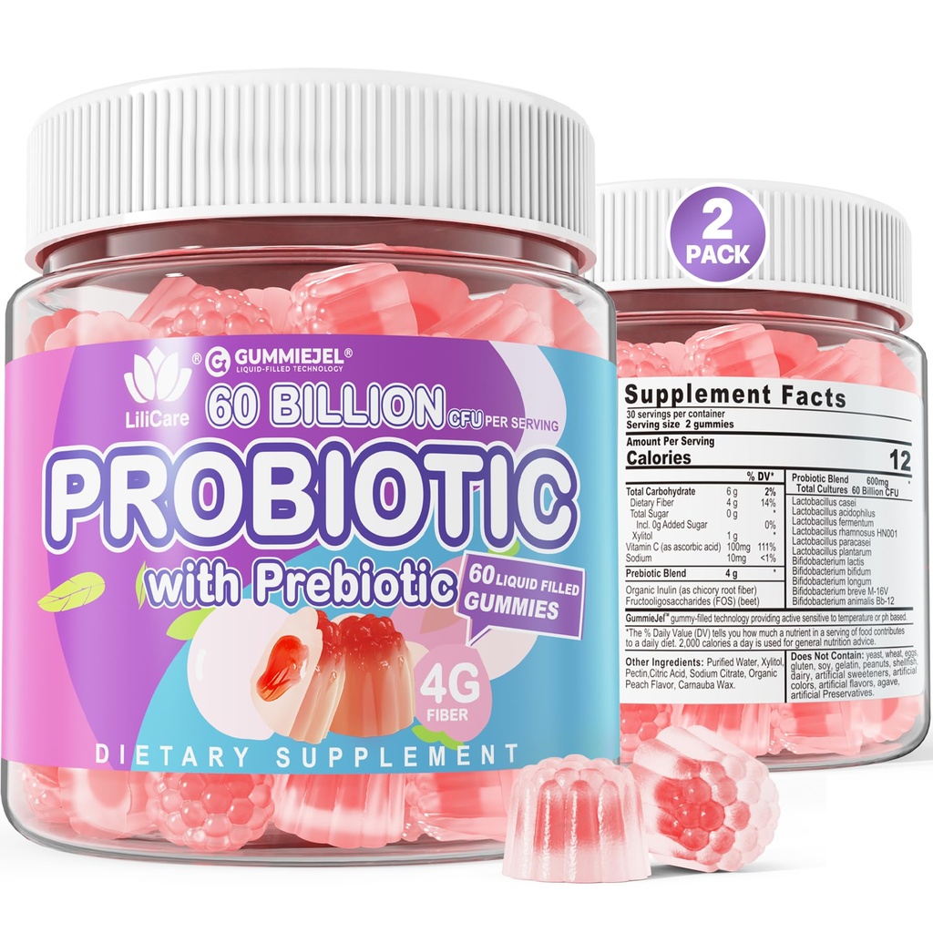 2Pack Probiotici + Prebiotici Gummies Zucchero Gratuito 60 miliardi di CFU, 11 Probiotici di Strains Gummies Filled per Donne Uomini Salute Digestiva e Salute Gut, Supporta costipazione, Diarrea, Gas & Bloating