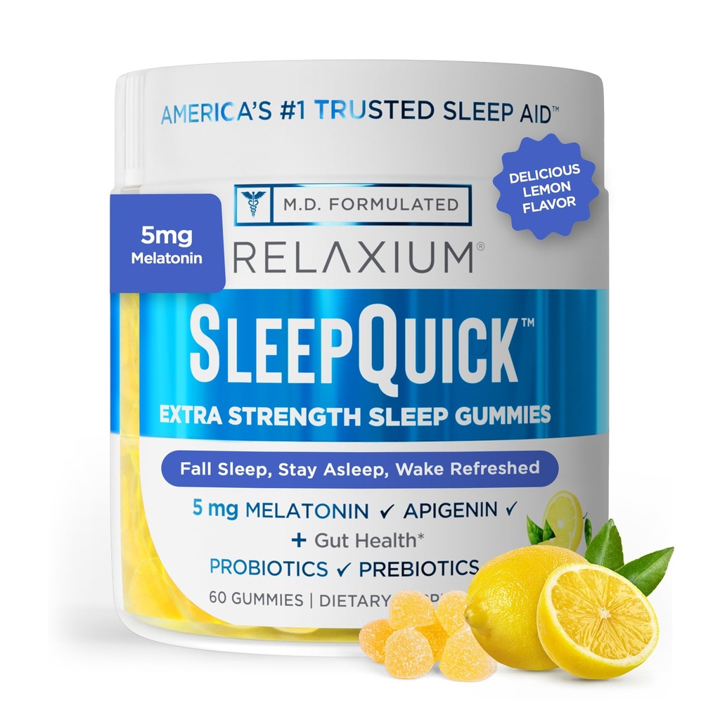 Relaxium Sleep Quick Gummy, Schlafhilfe Unterstützung, 5 mg Melatonin, Vitamin D-3, Prebiotic & Probiotic Blend, Gluten & Drug Free, Lemon Flavor, 60 Gummies