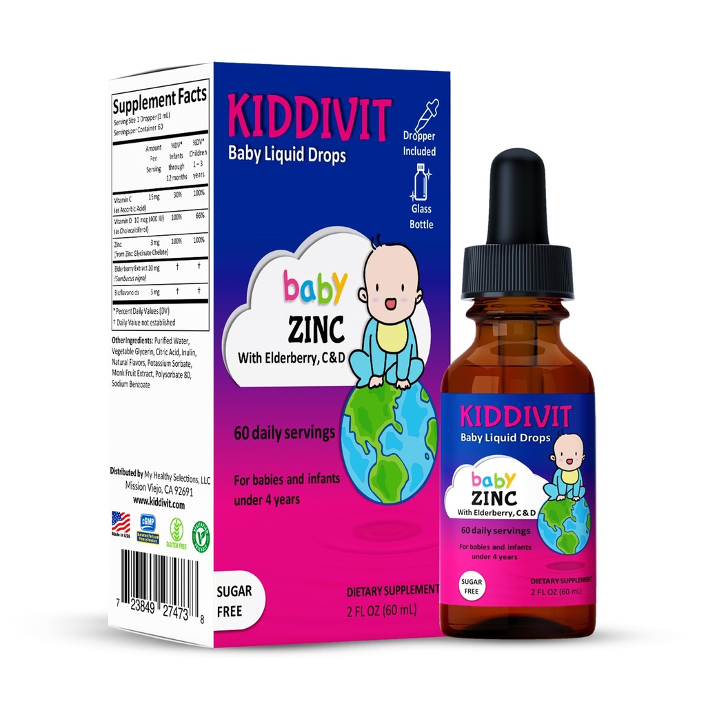 Kiddivit Baby Zinc Liquid Drops with Elderberry, Vitamin D3 & C – Gentle Immune Support Supplement – 60 Serve giornaliere, Inulina Fortified Fiber – Sugar Free, Gluten Free, Vegetariano, 2oz