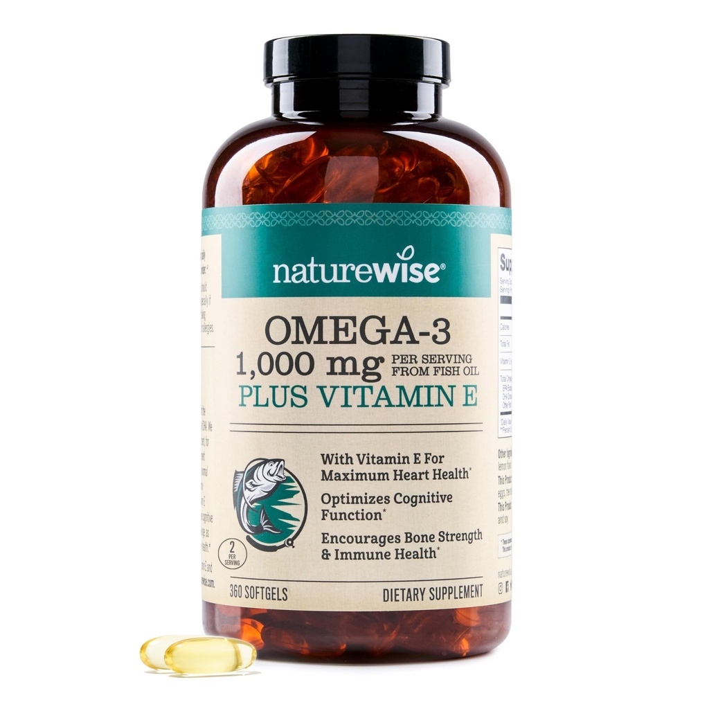Supplément huile de poisson Omega 3 extra-résistance NatureWise - 1000mg par portion - 600 EPA et 400 DHA et vitamine E - Soutien à la santé du coeur et du cerveau - Saveur de citron, sans OGM - 360 Softgels[6-Mois]
