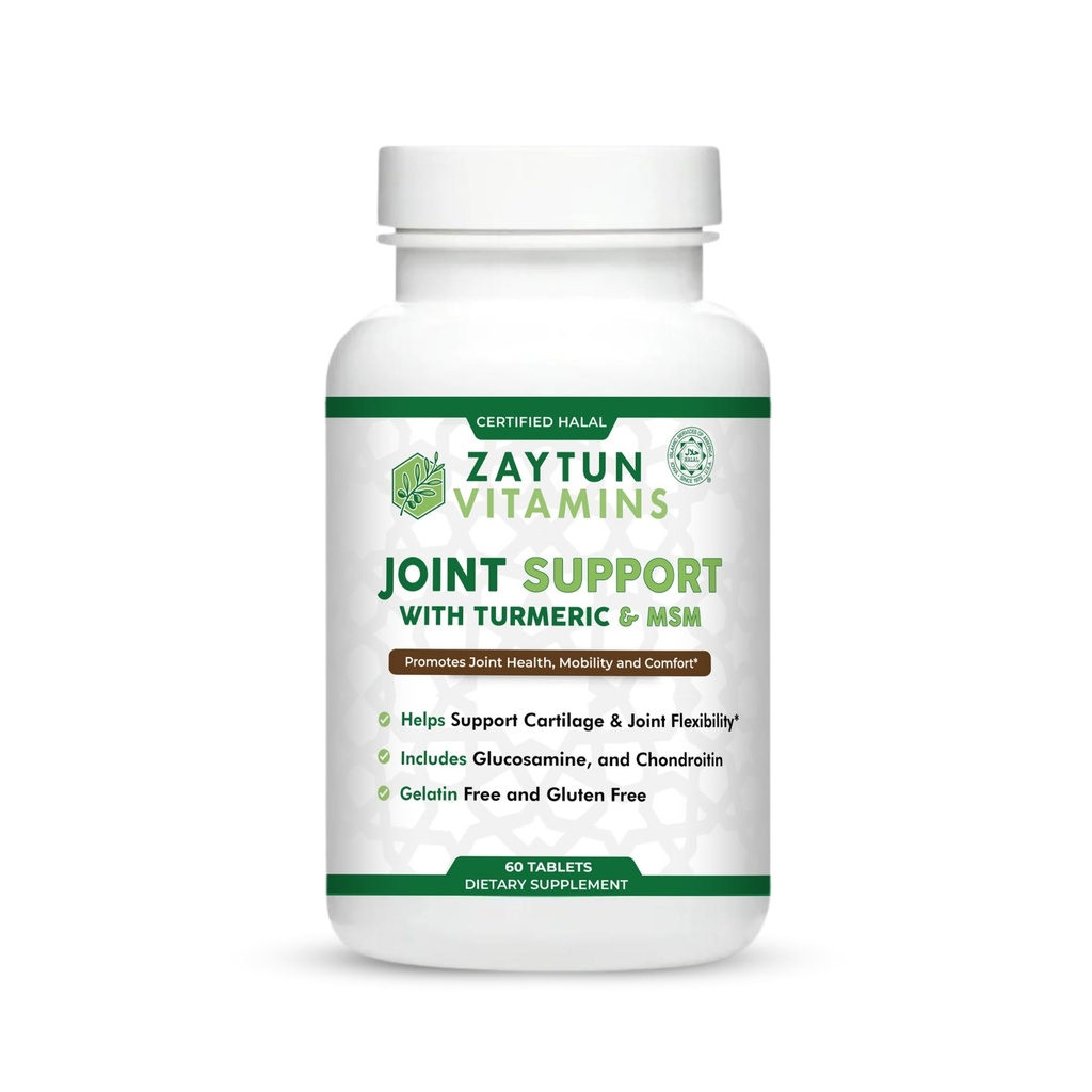 Zaytun Halal Joint Support with Turmeric + Glucosamine, Promote Joint Health, Flexibility and Supports Mobility, 1 mois d'approvisionnement, Pas de gluten, Pas de gélatine, Fabriqué aux États-Unis - Vitamines halales