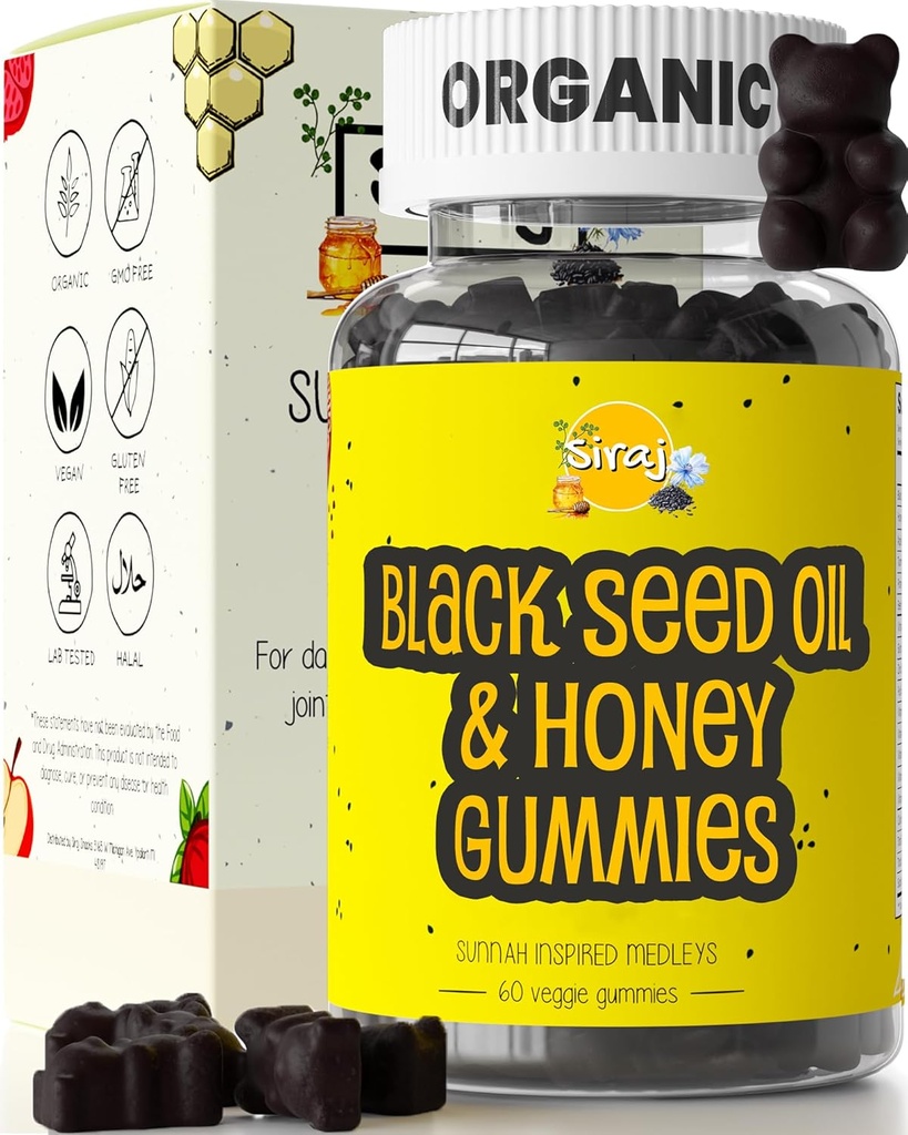 Siraj Organic Black Seed Oil Gummies w/Honey &15% Thymoquinone | Multivitamin per il supporto immunitario, Stress Relief Gummy Vitamins | Turmeric, Aceto di sidro di mele, Multivitamin Gummies