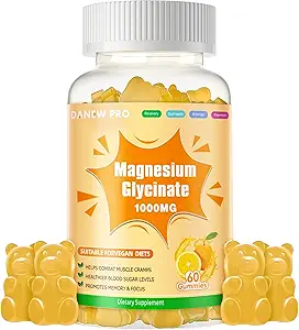 Magnesium Glycinate Gummies 1000mg - Zuckerfreie Magnesium-Kalium-Ergänzung mit Vitamin D, B6, CoQ10 für ruhige Stimmung & Schlaf-Unterstützung - 60 Orange Gummies