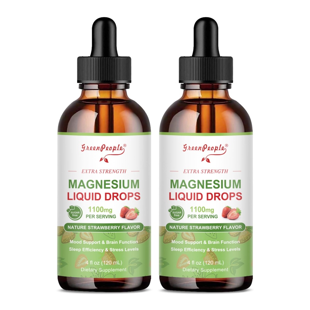 GREENPEOPLE Magnesium Glycinate Liquid Drop - 17-in-1 4Fl. Oz Triple Magnesium Complex Supplement with Glycinate 400mg & Citrate 500mg Taurate/L-Theanine for Calm Mood/Muscle/Sleep,Strawberry -2 Pack