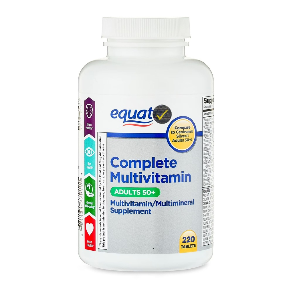 Equate 50+ Daily Multivitamin Supplement Tablets (215 Count) – Complete Multimineral Formula for Men & Women, + QC Sticker