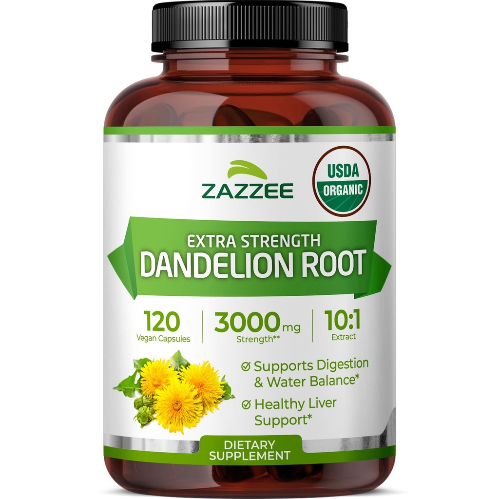 Zazze USDA Organic Dandelion Root 10:1 Extrakt, 3000 mg Stärke, 120 Kapseln, 4 Monate Versorgung, Standardisiert und konzentriert 10X Extrakt, 100% Vegetarisch, All-Natural und Non-GMO