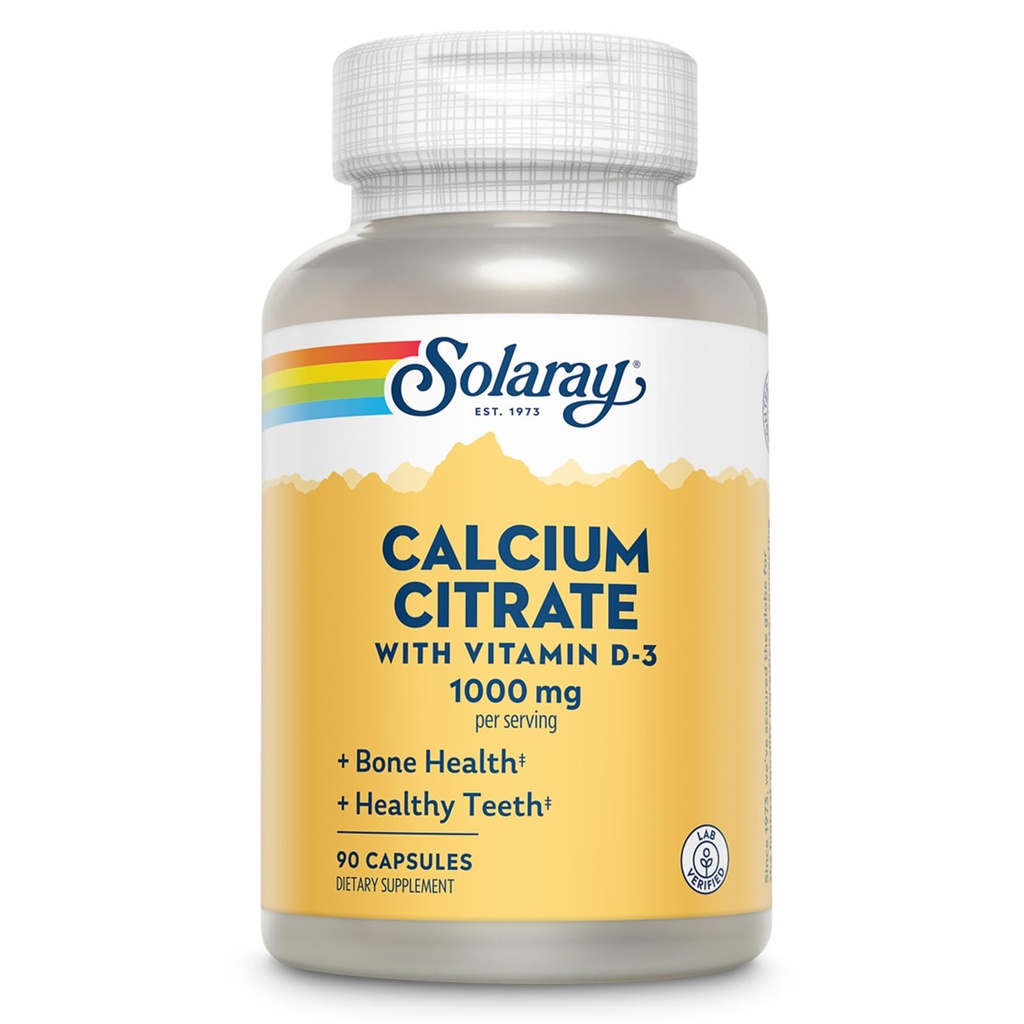 Solaray Kalzium Citrat mit Vitamin D3 1000mg - Knochenstärke und gesunde Zähne Unterstützung - Gentle Digestion Formula - Lab Verified, 60-Day Garantie - 15 Servietten, 90 Kapseln