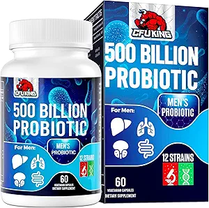 Probiotiques pour les hommes, 500 milliards CFU et 12 hommes Probiotique pour la santé digestive + 4 fibre prébiotique biologique, pour la santé digestive, Gut, immunitaire, Bloating, gaz, soutien énergétique, plateau stable - 60 capsules