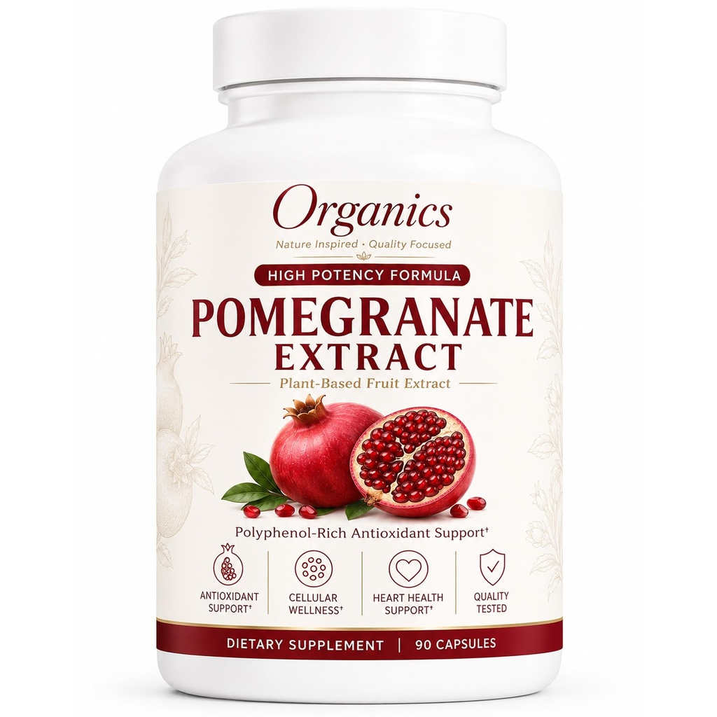 Organic Pomegranate Extract, Pomegranate Fruit Extract Supplement with Polyphenol Antioxidants, Non-GMO, Daily Wellness Support, 90 Capsules
