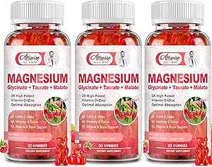 3Pack Magnesium Glycinate Gummie,Magnesium Kalium-Ergänzung mit Taurat, Malat, Körperunterstützung und Entspannung, Himbeer Magnesium Gummi für Erwachsene