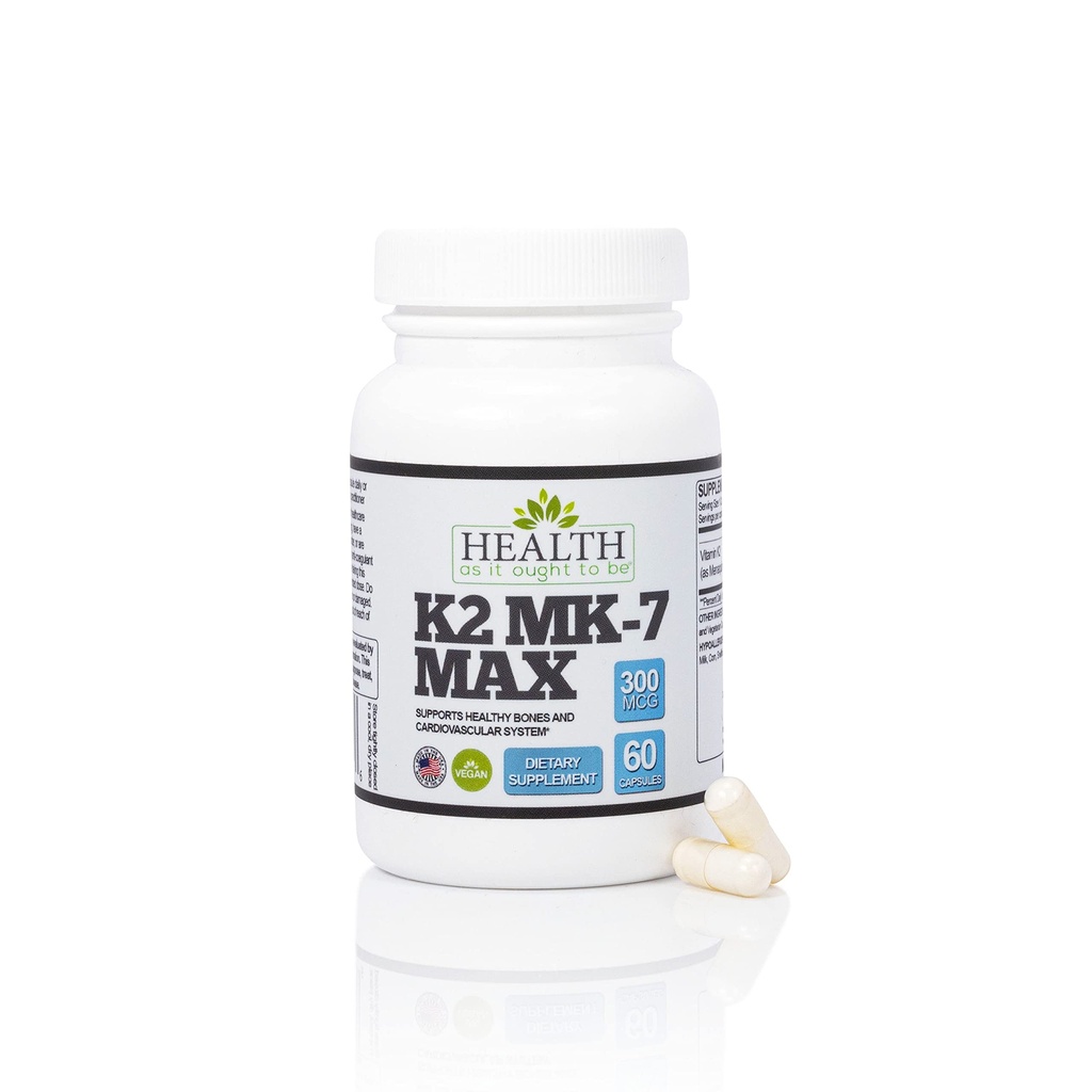 Gesundheit als es Ought Vitamin K2 MK7 MAX extra Stärke 300mcg Supplemeny | Soy kostenlos, bewährte Bioverfügbarkeit & Sicherheit | 60 Kapseln