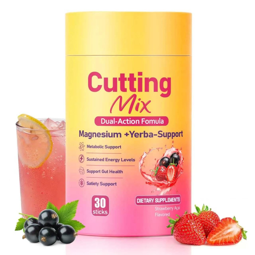 Cutting Drink Mix - Supports Satiety Signaling, Energy & Gut Health | Yerba Mate, 5-HTP, Magnesium, Berberine & FOS | Strawberry Açaí Flavor | Vegan, Sugar-Free, 30 Sticks