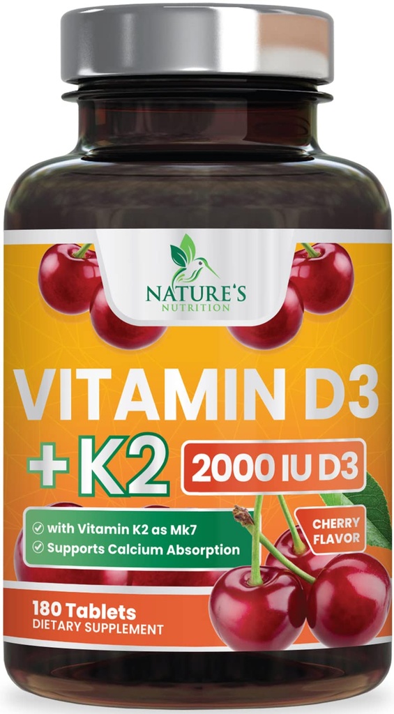 Vitamin D 2000 IU 50mcg pro Tablette - Vitamine D3 & K2 (MK7) Komplexergänzung für Knochen, Zähne, Muskel, Kalziumabsorption, unterstützt Immun- und Herzgesundheit, Kauformel USA abgefüllt - 180 Tabletten