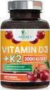 Vitamine D 2000 UI 50mcg par comprimé - Vitamines D3 & K2 (MK7) Supplément complexe pour os, dents, muscles, absorption de calcium, soutient la santé immunitaire et cardiaque, formule à croquer USA embouteillé - 180 comprimés