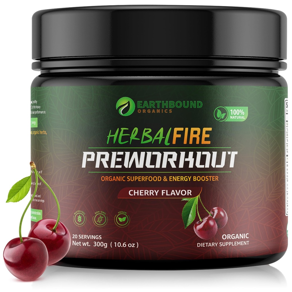 HerbalFIRE Certified Organic Preworkout – USDA, EU, JAS Organic - Kosher Halal Certified - Plant-Based Superfood Energy Booster, Cherry, Clean Focus & Pump, No Jitters or Crash, No Stims -Low Caffeine