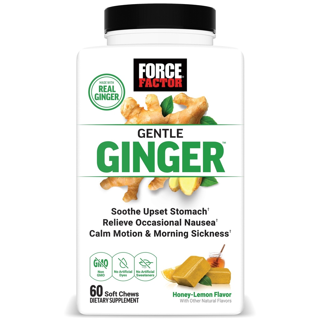 FORCE FACTOR Gentle Ginger Chews for Nausea Relief, Motion Sickness und Morning Sickness, Ginger Supplement mit Vitamin B6 für Verdauungsunterstützung, Non-GMO, Honey-Lemon Ginger Flavor, 60 Soft Chews