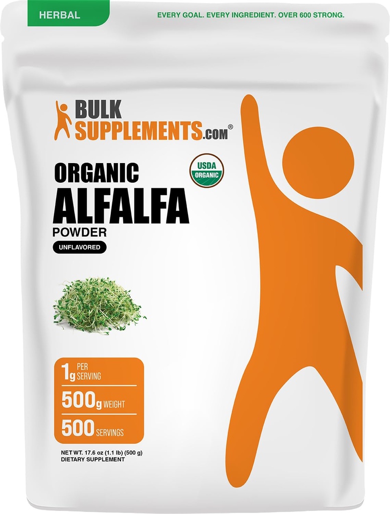 BulkSupplements.com Polvere di erba organica Alfalfa - Supplemento Alfalfa, Polvere verde Superfood - Vegan & Gluten Free, 5g per porzione, 500g (1.1 lbs) (Pack of 1)