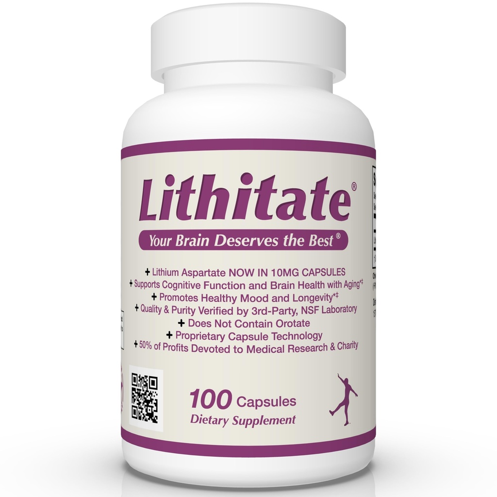 Lithium Aspartate 10mg | Supporta la funzione cognitiva e la salute del cervello con l'invecchiamento | certificato NSF | promuove la precisione mentale, sano umore e longevità | integratore naturale | 100 capsule
