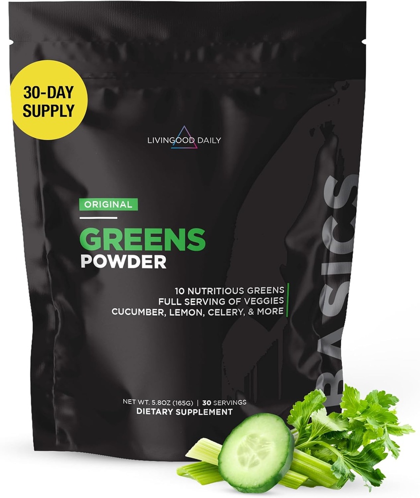 Livingood Daily Basic Greens Powder, Super Greens Drink Mix mit Spirulina, Broccoli, Kale, Weizengras & Chlorella, Bio Gemüsemischung, Vegan, Glutenfrei, Non GMO, 30 Portionen