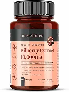 pureclinica Bilberry Extract 10.000mg x 180 compresse (6 mesi di alimentazione)- 10X Più antocianidina Plus 5mg Pepe nero per Tablet