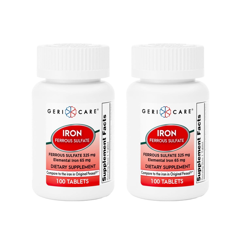 GeriCare Eisensulfat Tabletten 325mg, Elemental Eisen 65 mg Hochpotenz Eisen Ergänzung | Nahrungsergänzung 100 Count. (Pack von 2)