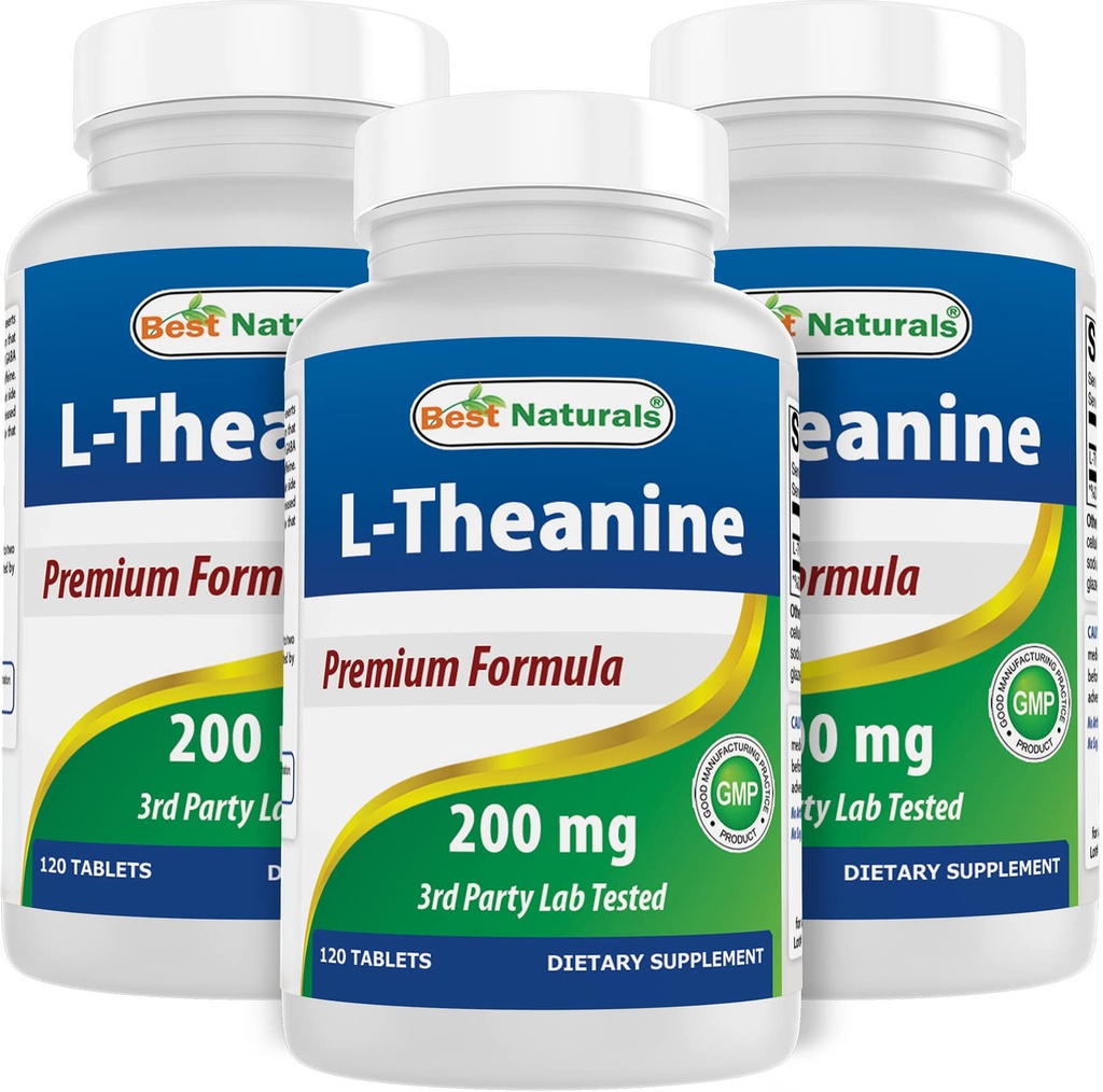 Best Naturals L-Theanine 200mg pro Tablet (400mg pro 2 Tablets) - Fördert Entspannung ohne Schläfrigkeit - 120 vegetarische Tablets - (120 Count (Pack von 3))