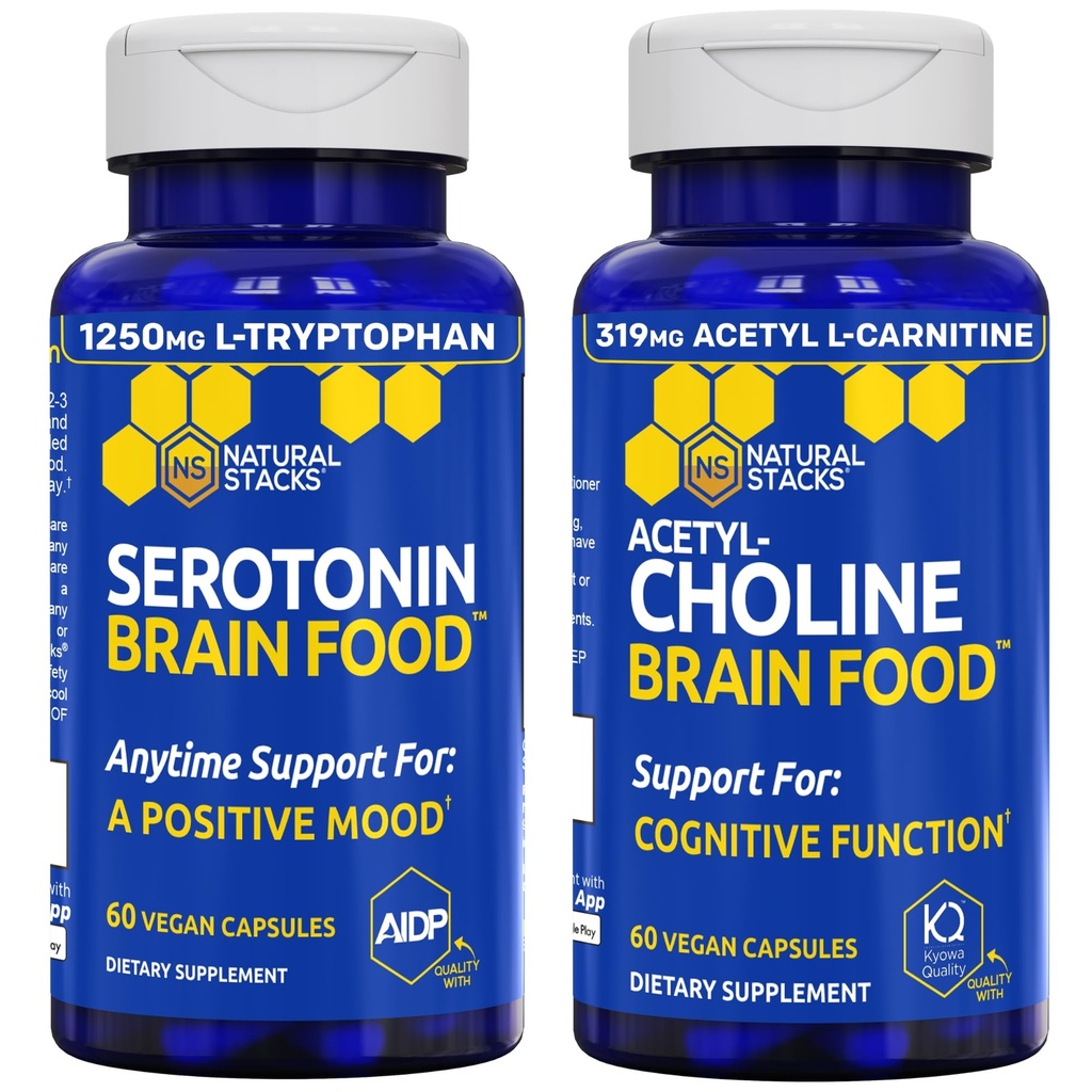 NATURAL STACKS Brain Food & Serotonin Brain Food Bundle Food - Supporta un Positivo Mood & Cognitive Function* - 120 Capsule Totali