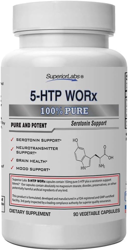 Labs Superior – 5-HTP Worx - 150 mg Pure 5-HTP Plus Potente miscela di serotonina - 90 capsule vegetali - Amplificazione della serotonina - Supporto neurotrasmettitore - Salute del cervello - Supporto per l'umore