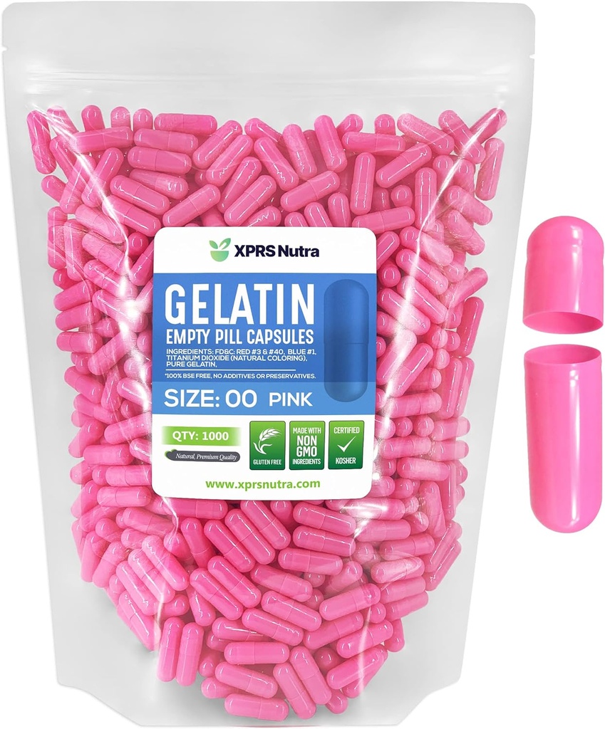XPRS Nutra Größe 00 Leere Kapseln - 1000 Graf Leere Gelatine Kapseln - Pillen DIY Kapsel Füllung - Füllbare Pille Gel Kapseln für Do-It-Yourself Ergänzungen (Pink)