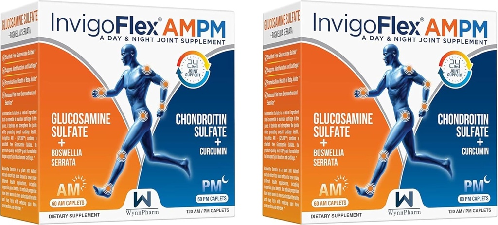 INVIGOFLEX Glucosamine & Chondroitin Sulfate - Turmeric Curcumin - Boswellia Serrata (Non GMO) 24 - Hour Premium Joint Supplement AMPM - 2 Pack