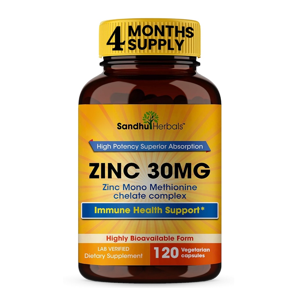 SANDHUHERBALS Zink 30mg Kapseln für Männer und Frauen | 120 Count (Paket von 1) | Zink Supplements für Immune & Antioxidant Support | Zink 30 mg Supplement unterstützt die Hautgesundheit