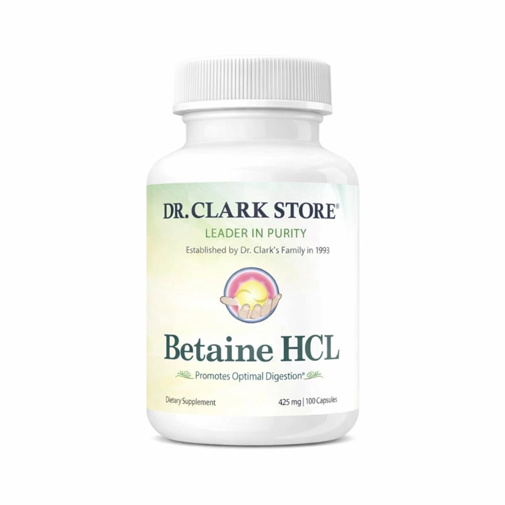 Dr. Clark Betaine HCL Digestive Enzymes - Acid Reflux Medicine, Hydrochloric Acid Protein Supplement, Optimal Digestion Formula, 100 Gelatin Capsules, 425 mg