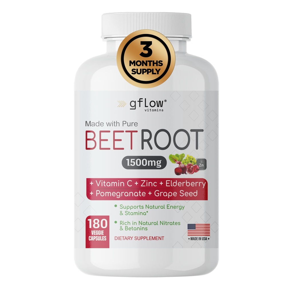 Estratto di radice di barbabietola Organic - Tutto naturale con vitamina C e zinco - Supporta la salute del cuore & Stamina, Non-GMO, 180 capsule vegetariane | Made in USA