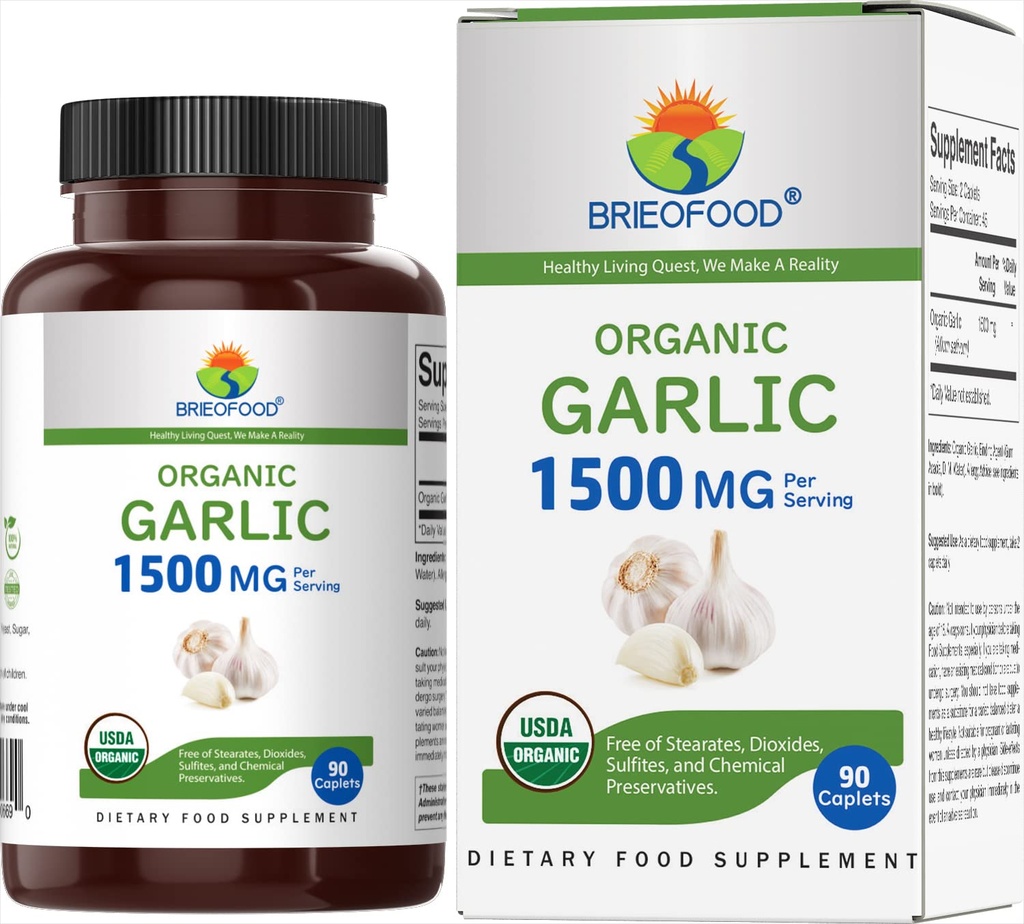 Brieofood Organic Garlic 1500mg, 45 Serve, Vegetariano, Senza Glutine, 90 compresse vegetariane