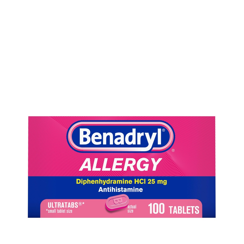 Benadryl Ultratabs Allergy Medicine, 25 mg Diphenhydramin HCl Antihistamin Tablets für kalte und Allergie Relief von Symptomen wie Niesen, Runny Nose, Itchy Eyes & Throat, Hay Fever, 100 Count Tablets