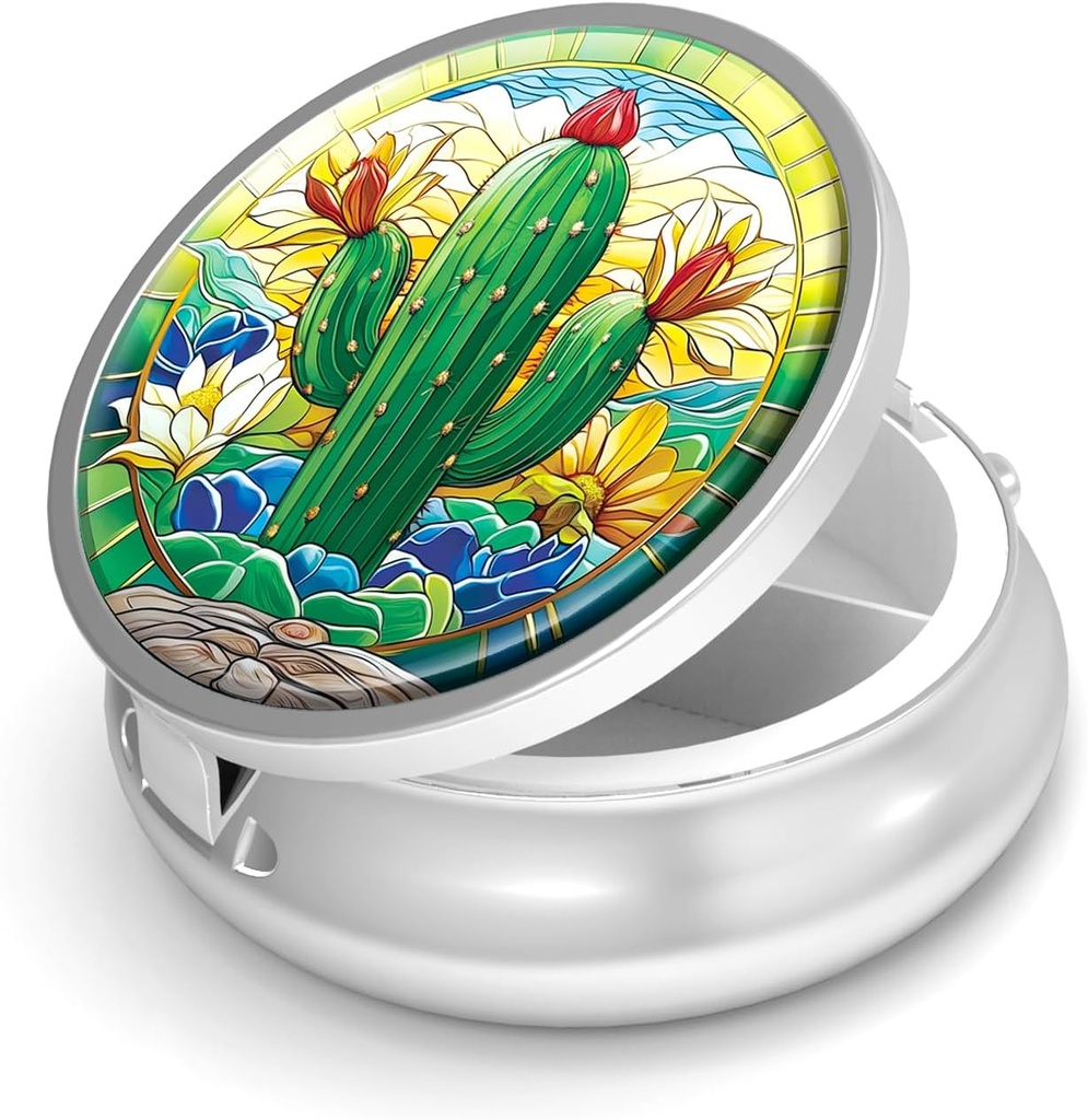 Pill Box-3 Compartiment petit étui de pilule pour la purse et la poche Mini porte-pilule métallique Conteneur de pilule de voyage pour tenir des suppléments de vitamines sans BPA (Cactus)