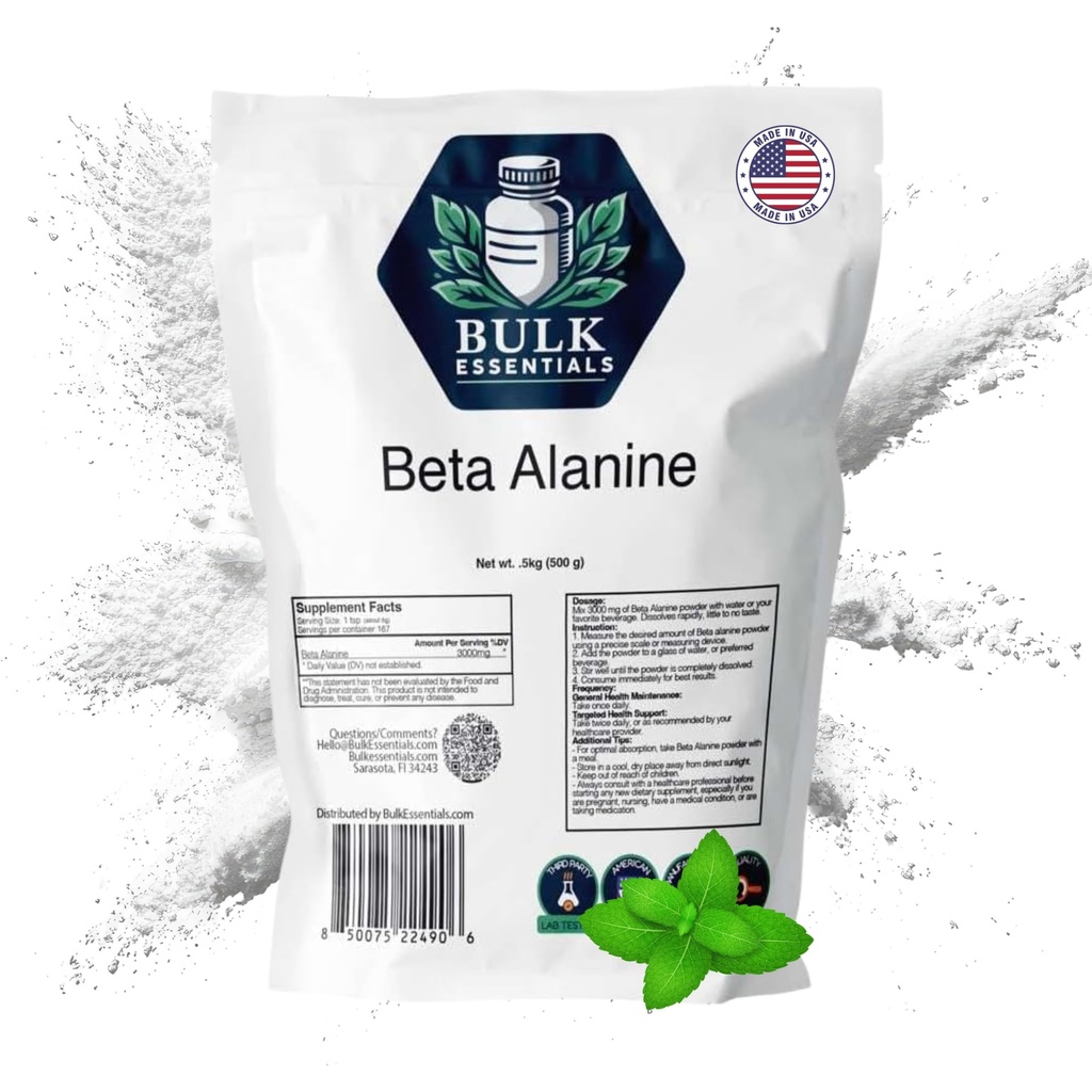 Beta Alanine Powder – Unflavored 500g Supplement for Pre Workout, Muscle Endurance & Intense Training – USA Made Free from GMO & Gluten – 3g Per Serving