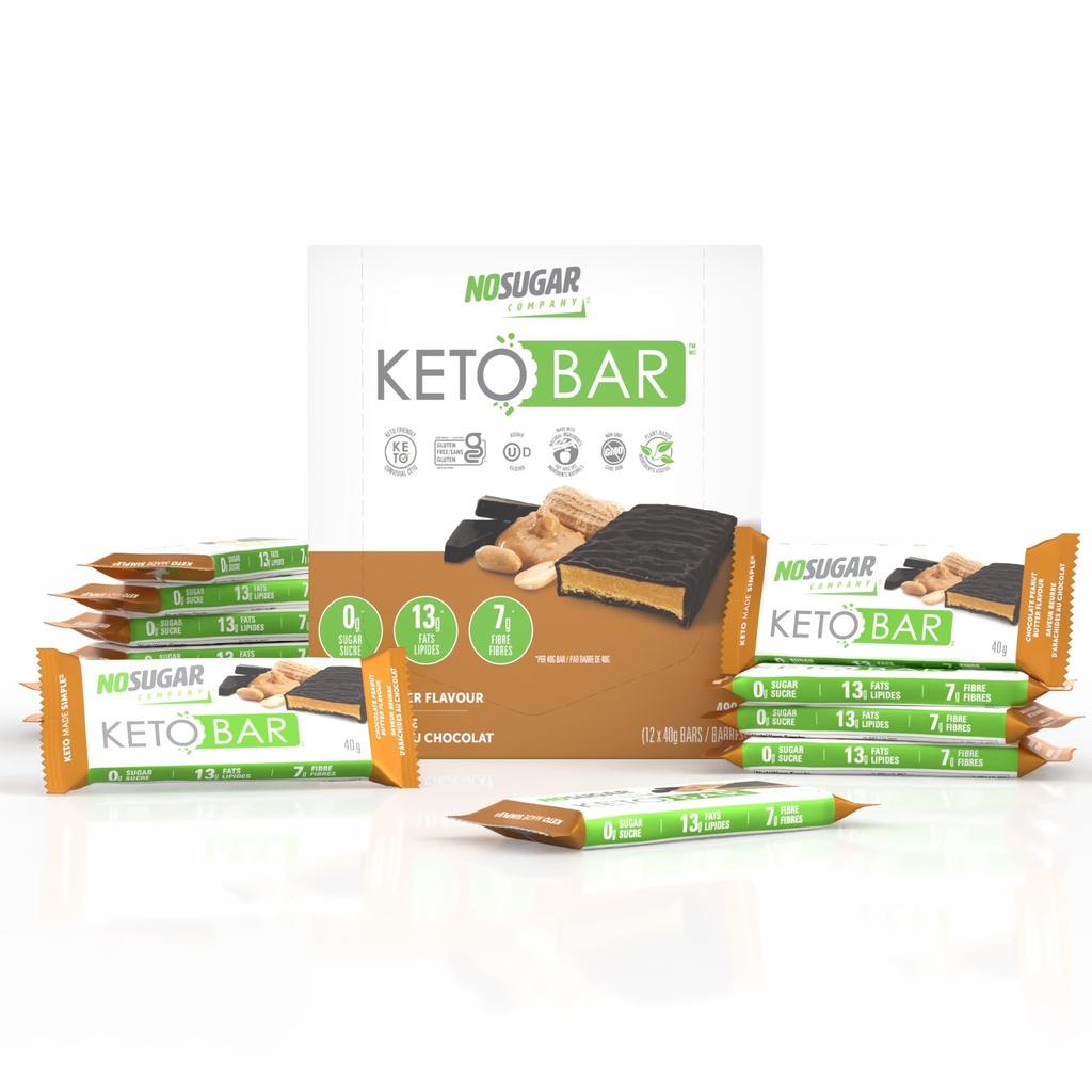 No Sugar Keto Bar Snack - Low Carb No Sugar Keto Snack Food with Keto Friendly Macros (12 x 1.41oz Bars, Peanut Butter)