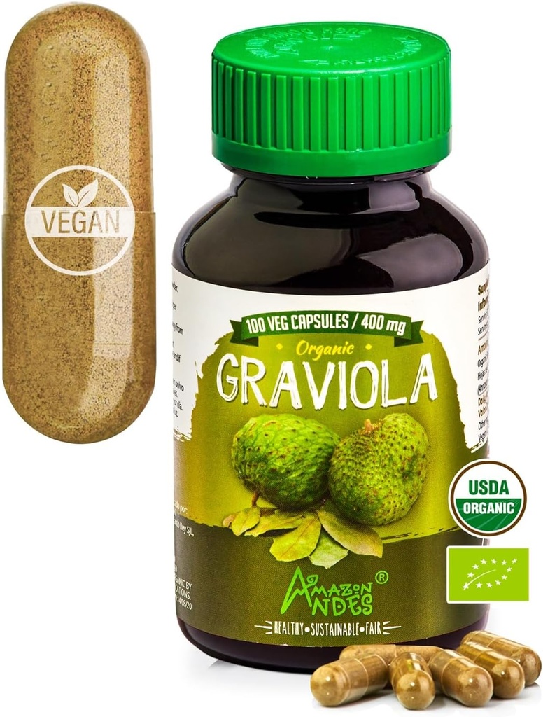 Andes Graviola Capsule - Ricco in Vitamina C & Fiber - Stimolatore di Sistema Immune - Funzione cellulare sana - Vegan, Non OGM, Gluten-free, Fairtrade Certified - 100 Soursop Pills (400mg)