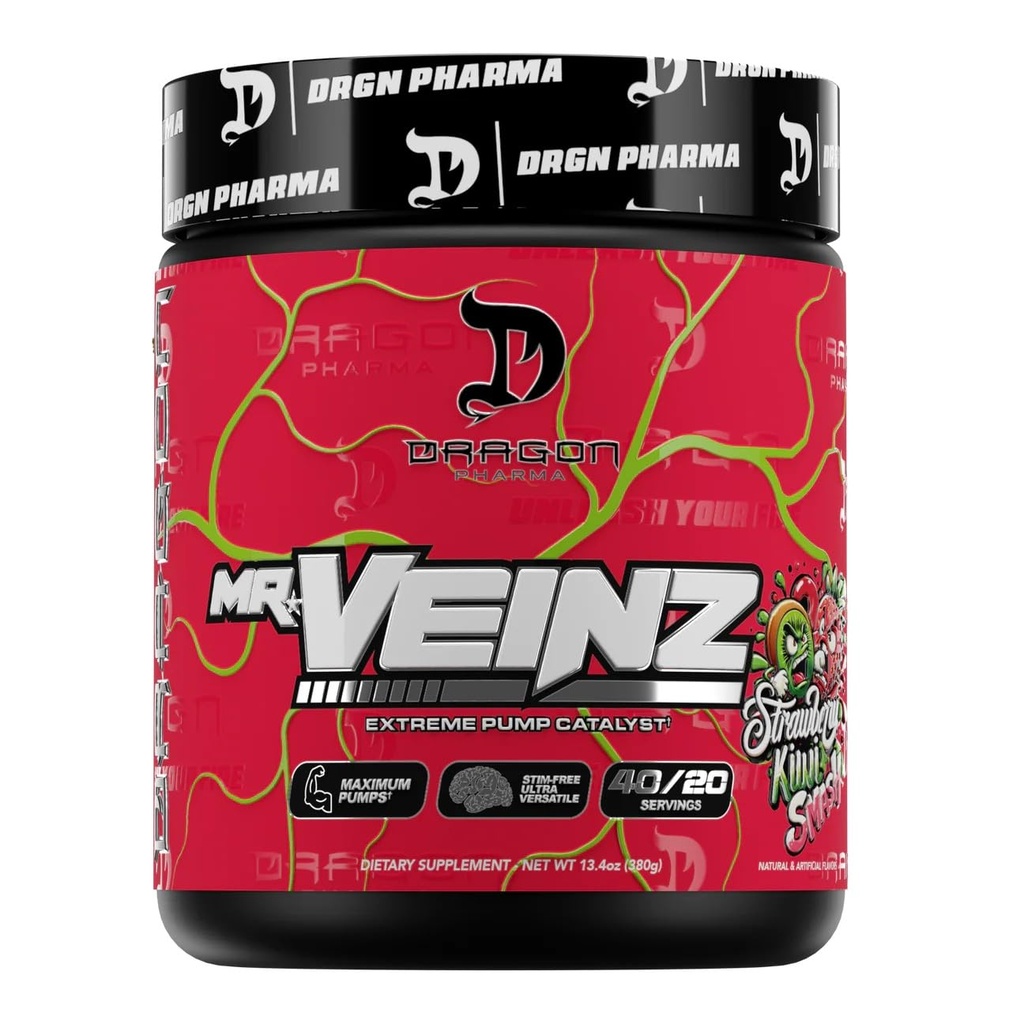 DRAGON PHARMA Mr. Veinz Stim Free Pre-Workout, Extreme Pump & Nootropic Catalyst, Maximize Pumps via Vasodilation & Cell Volumization, Stimulant-Free Formula for Focus (40 Servings, Kiwi Smash)