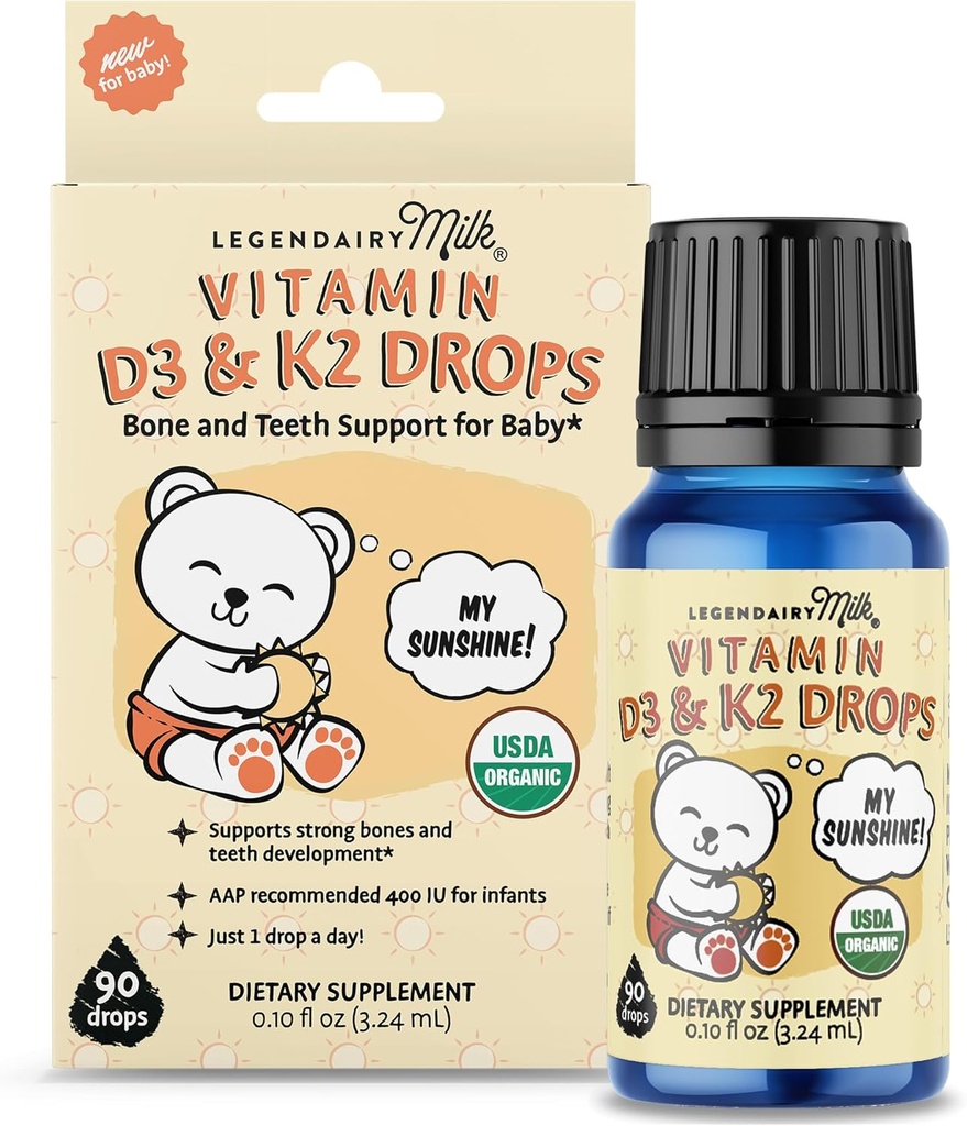 Legendairy Milk Bio Baby Vitamin D3 K2 Flüssigkeitstropfen, 400 IU Baby Vitamin D Tropfen für Infants mit K2 Tropfen, Vitamin D Tropfen für Neugeborene, Kleinkinder und Kinder, Vegan, 90 Tropfen Flüssigkeit
