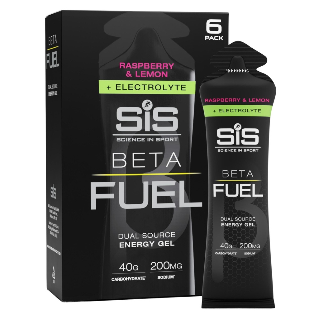 Science in Sport BETA Fuel + Electrolyte Gels - Electrolyte Energy Gel - Optimal 1:0.8 Ratio Maltodextrin & Fructose - 40g Carbohydrates & 200mg Sodium - Raspberry & Lemon Flavor - 6 Count
