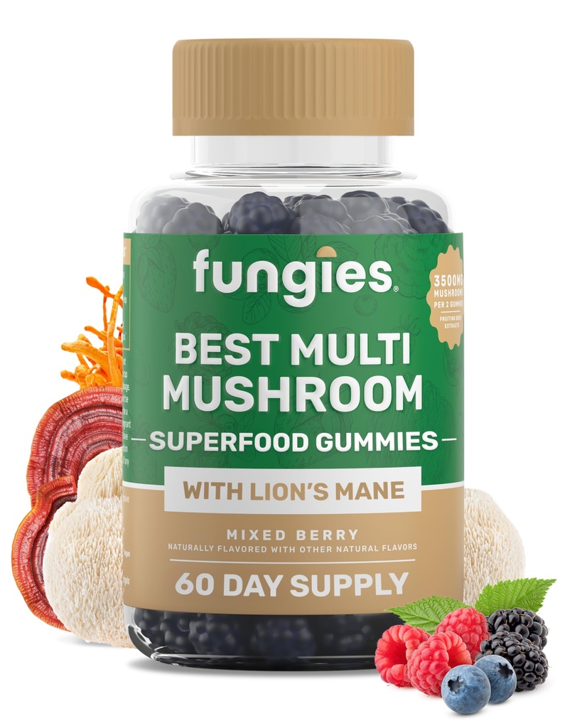 Fungies Multi Gommies de Champignons pour hommes et femmes - Supplément de Champignons comprend Lion, Manille, Cordyceps, Reishi, Chaga, Shiitake, Maitake & Turkey Tail - Sans gélatine, Sans gluten et Vitamines de Gummy végétalien